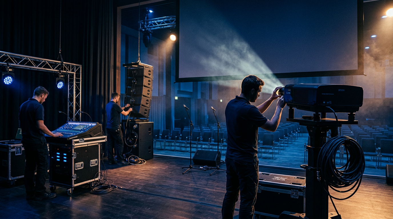 Professional technicians setting up multimedia equipment